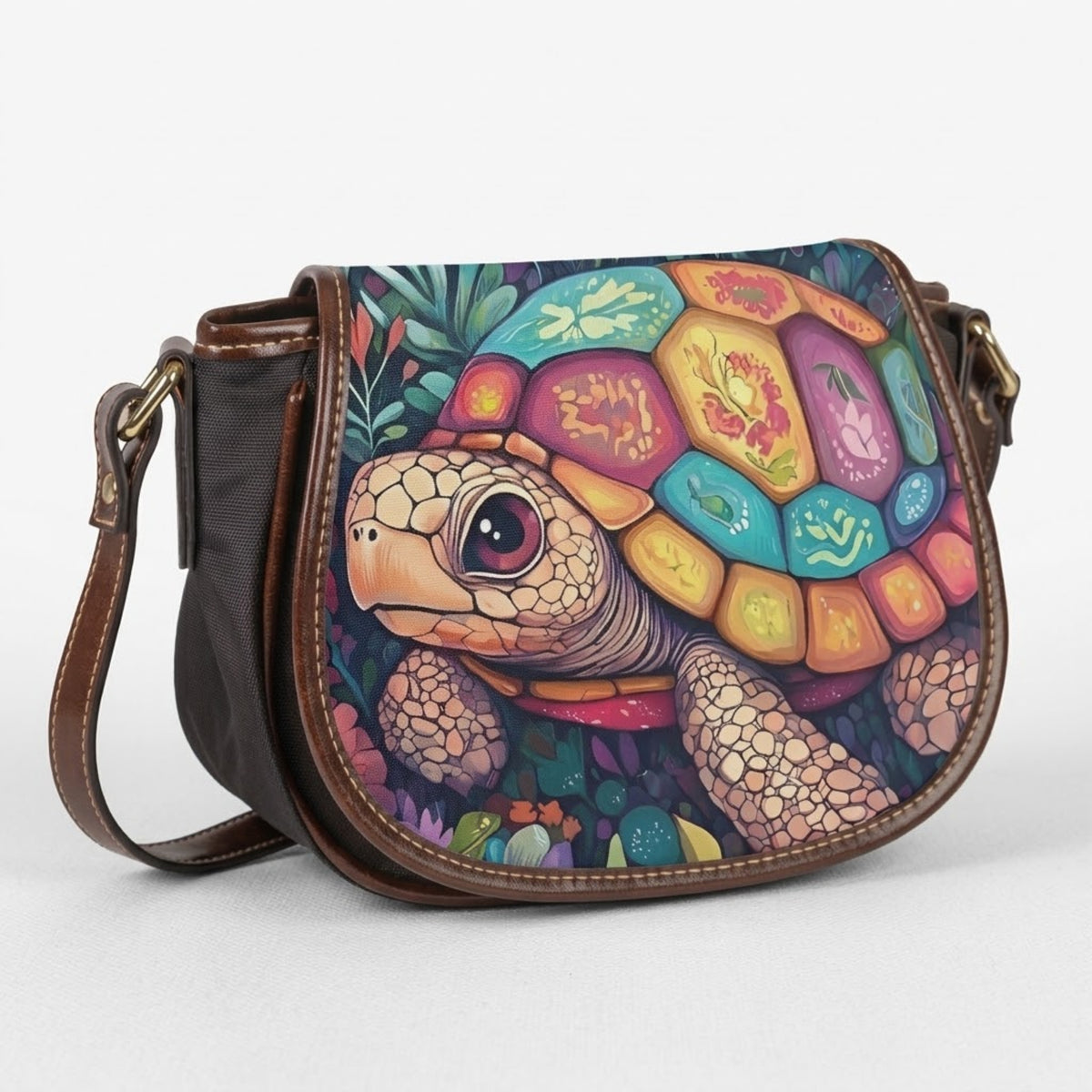 Colorful Turtle Print Canvas & PU Leather Crossbody Bag