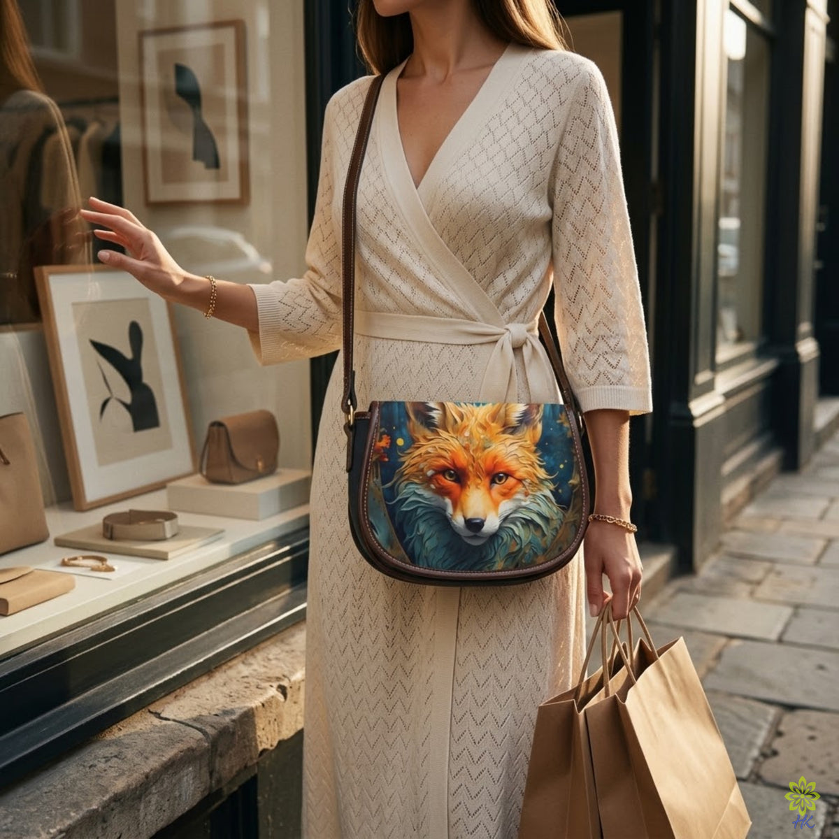 Fox Print Canvas & PU Leather Crossbody Bag