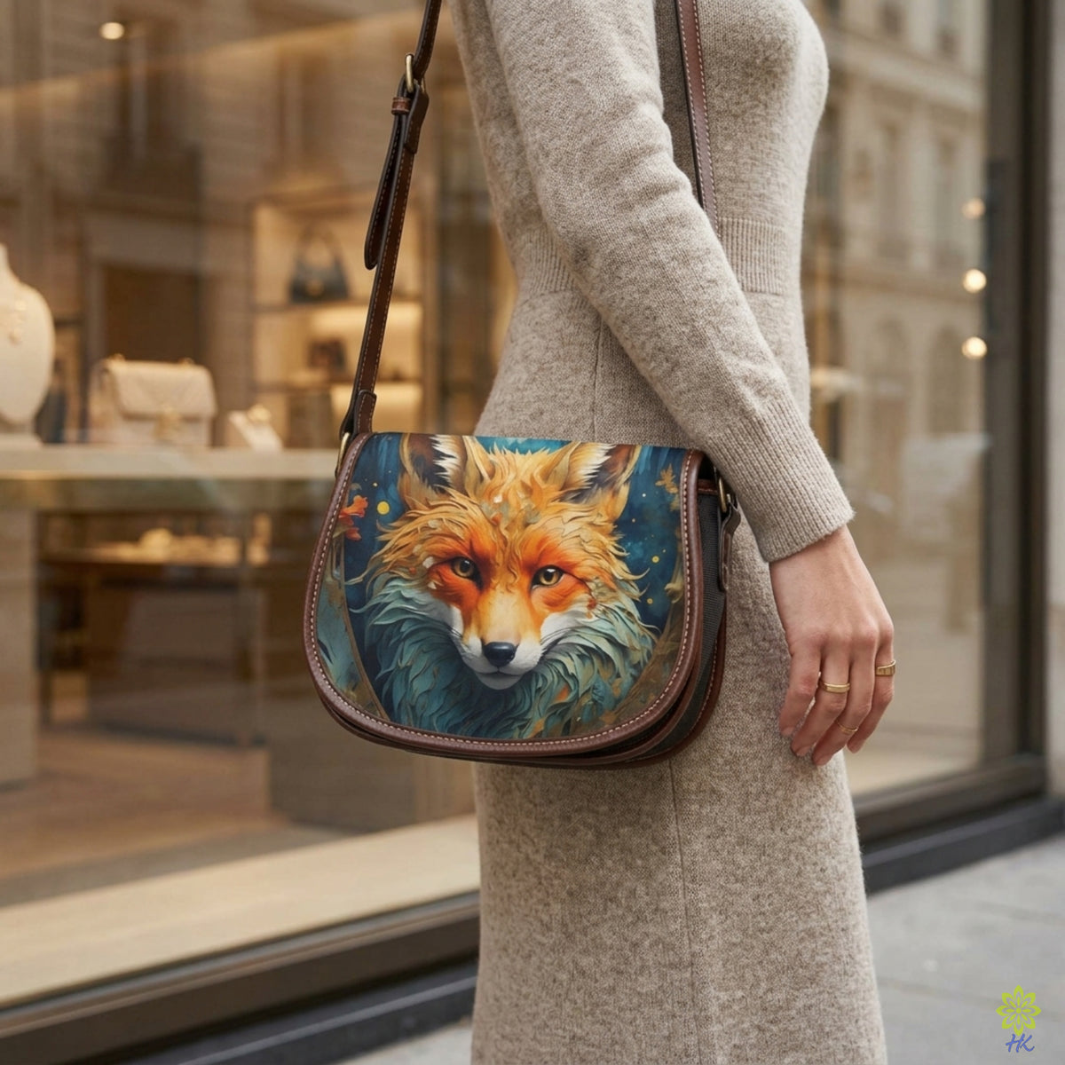 Fox Print Canvas & PU Leather Crossbody Bag