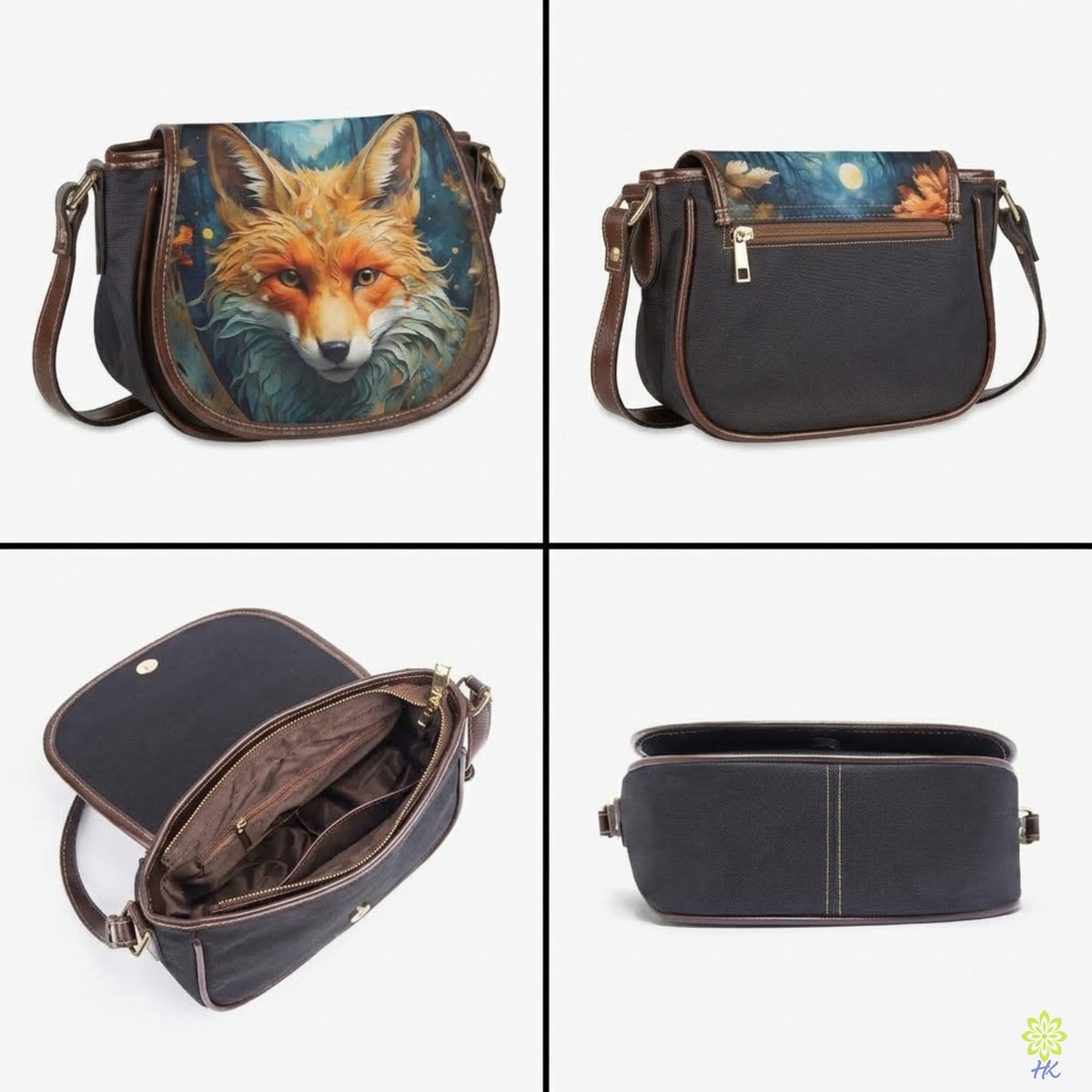 Fox Print Canvas & PU Leather Crossbody Bag