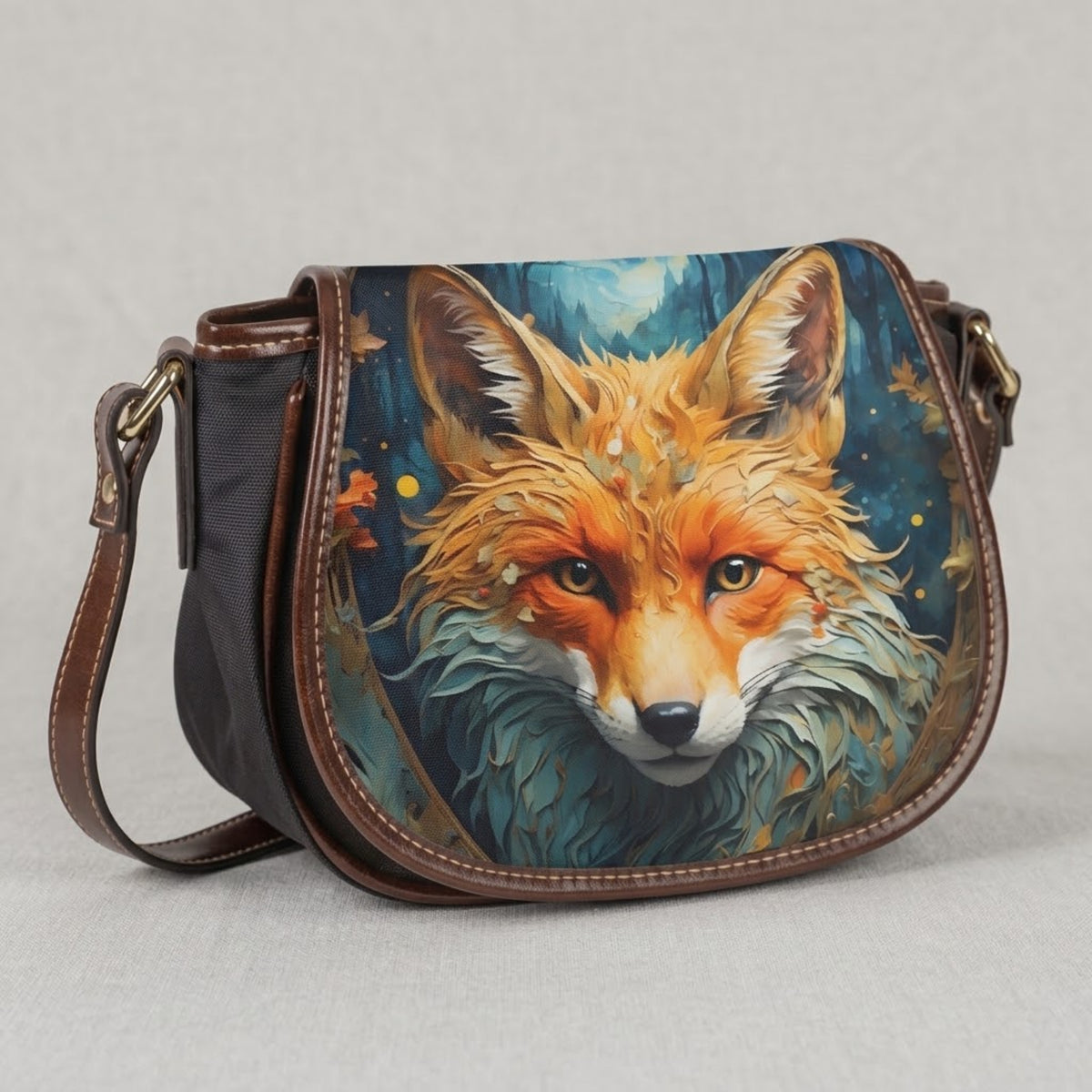 Fox Print Canvas & PU Leather Crossbody Bag