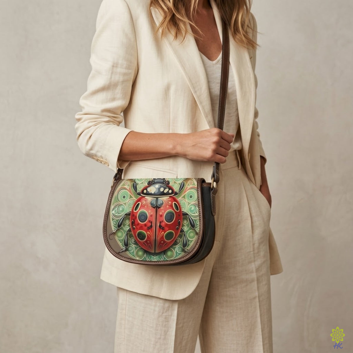 Ladybug Mandala PU Leather & Canvas Saddle Crossbody Bag