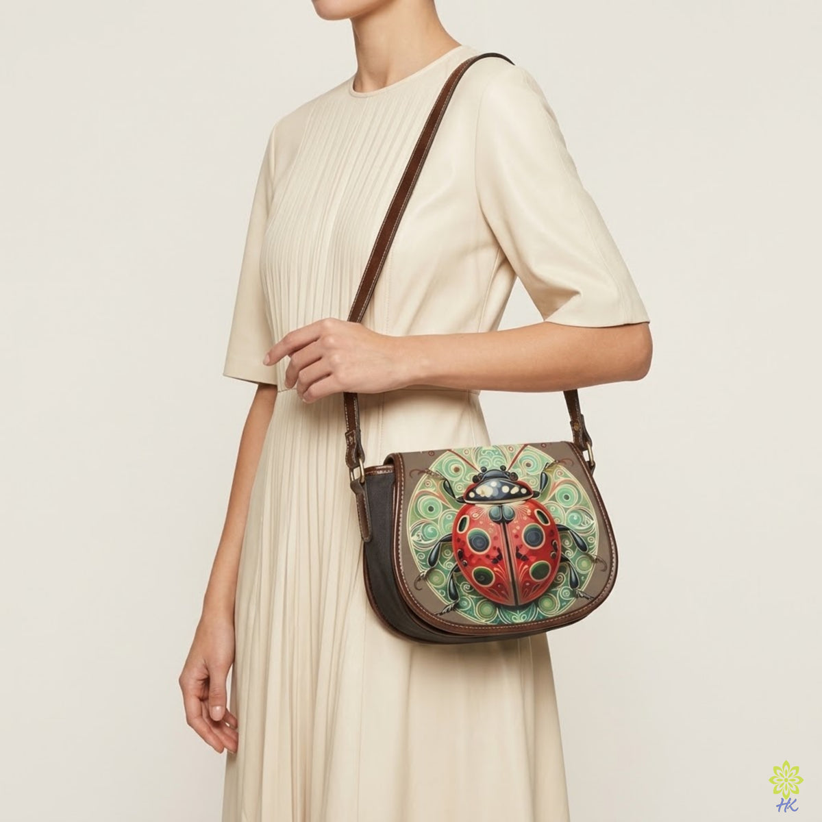 Ladybug Mandala PU Leather & Canvas Saddle Crossbody Bag