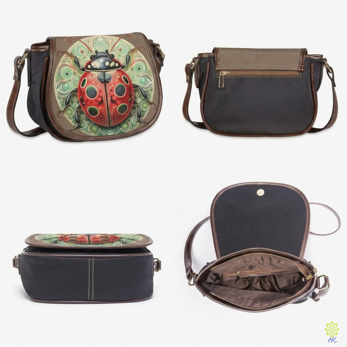 Ladybug Mandala PU Leather & Canvas Saddle Crossbody Bag