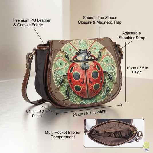 Ladybug Mandala PU Leather & Canvas Saddle Crossbody Bag