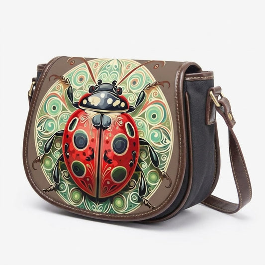 Ladybug Mandala PU Leather & Canvas Saddle Crossbody Bag