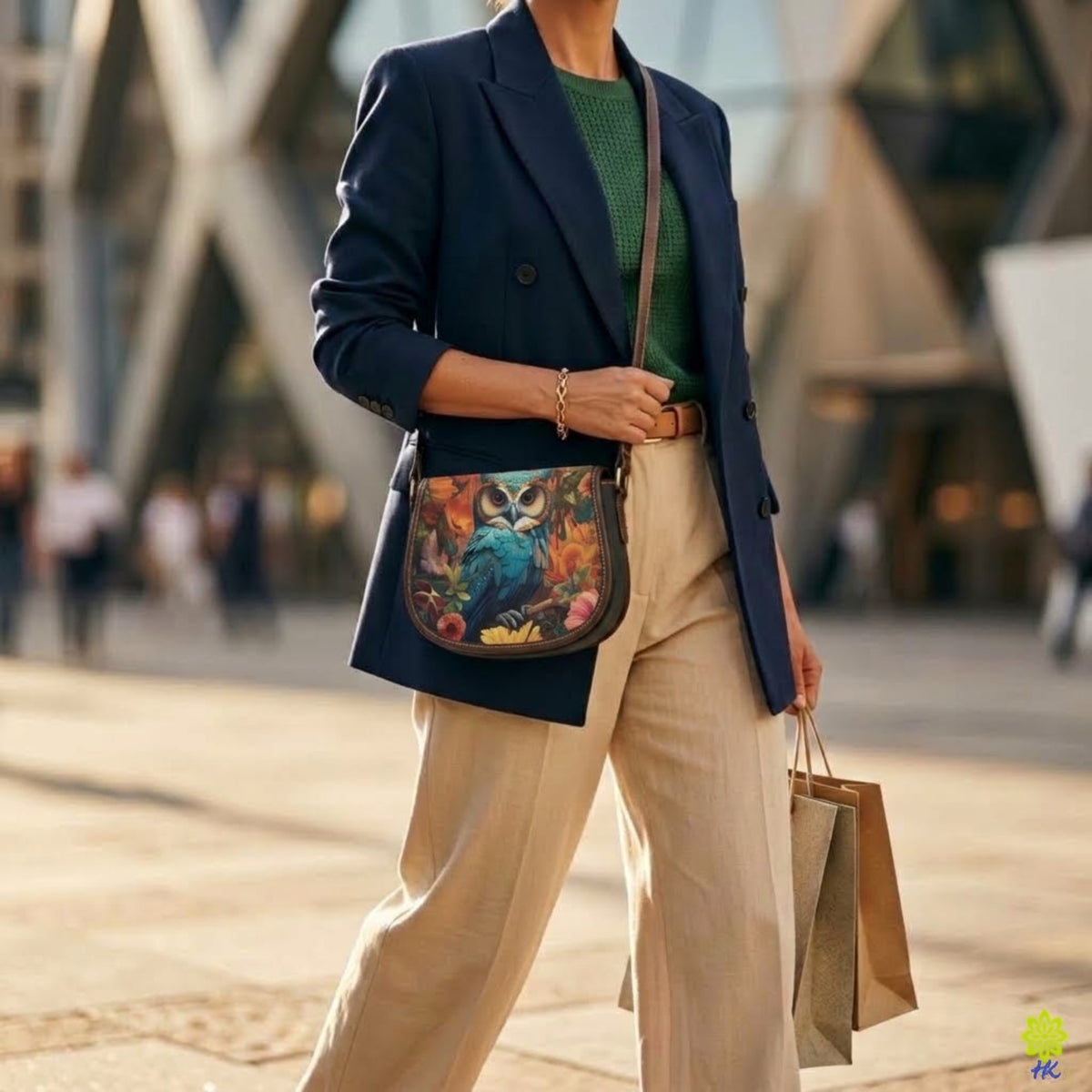 Blue Owl Floral PU Leather & Canvas Saddle Crossbody Bag