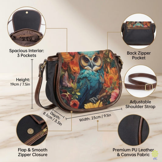 Blue Owl Floral PU Leather & Canvas Saddle Crossbody Bag