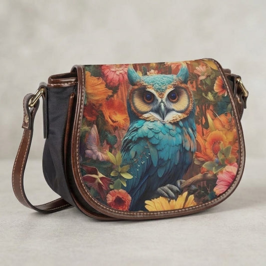 Blue Owl Floral PU Leather & Canvas Saddle Crossbody Bag