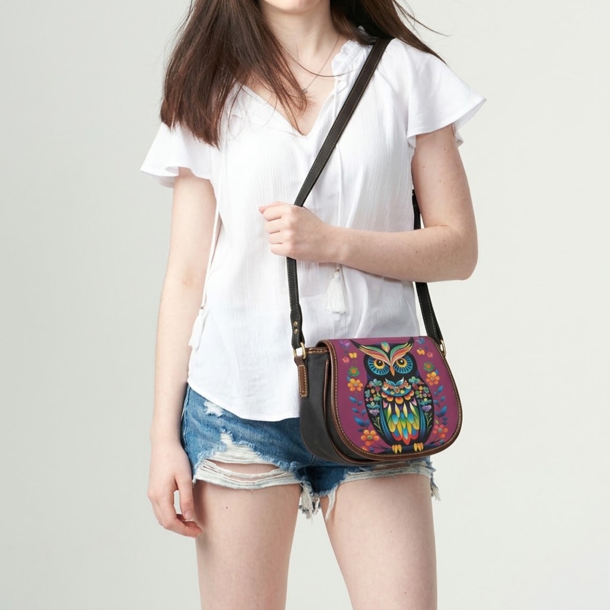 Colorful Owl Floral PU Leather & Canvas Saddle Crossbody Bag