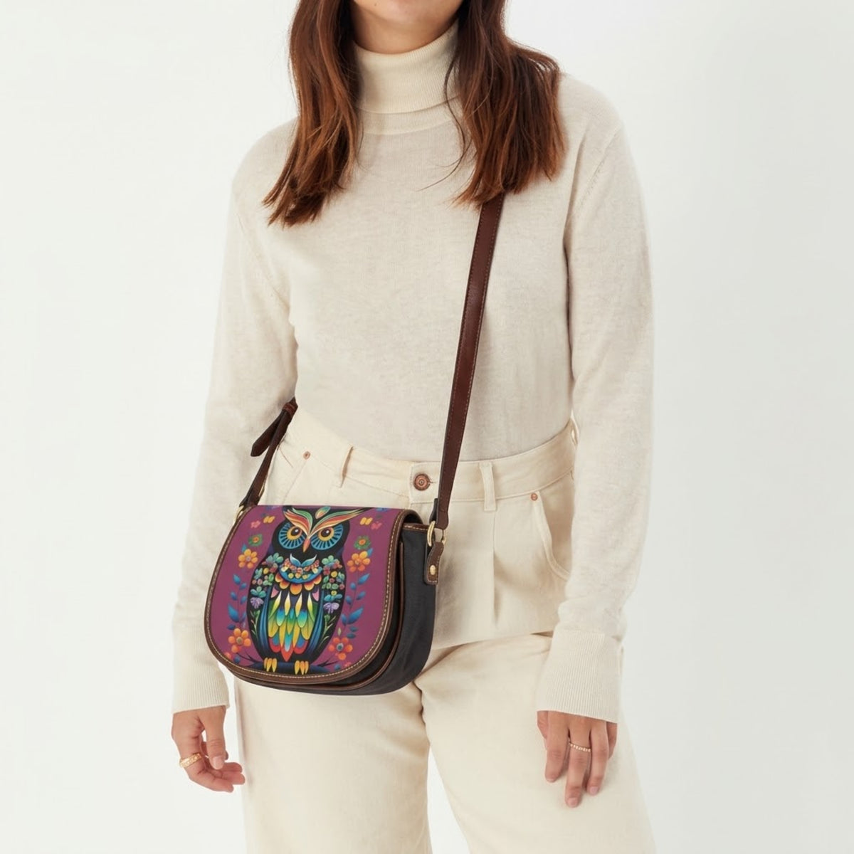 Colorful Owl Floral PU Leather & Canvas Saddle Crossbody Bag