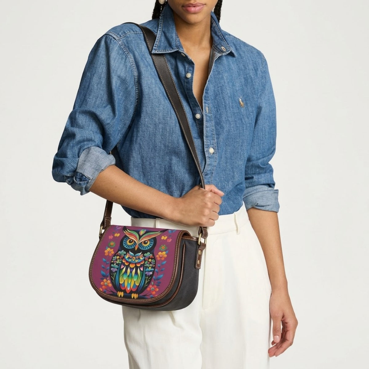 Colorful Owl Floral PU Leather & Canvas Saddle Crossbody Bag