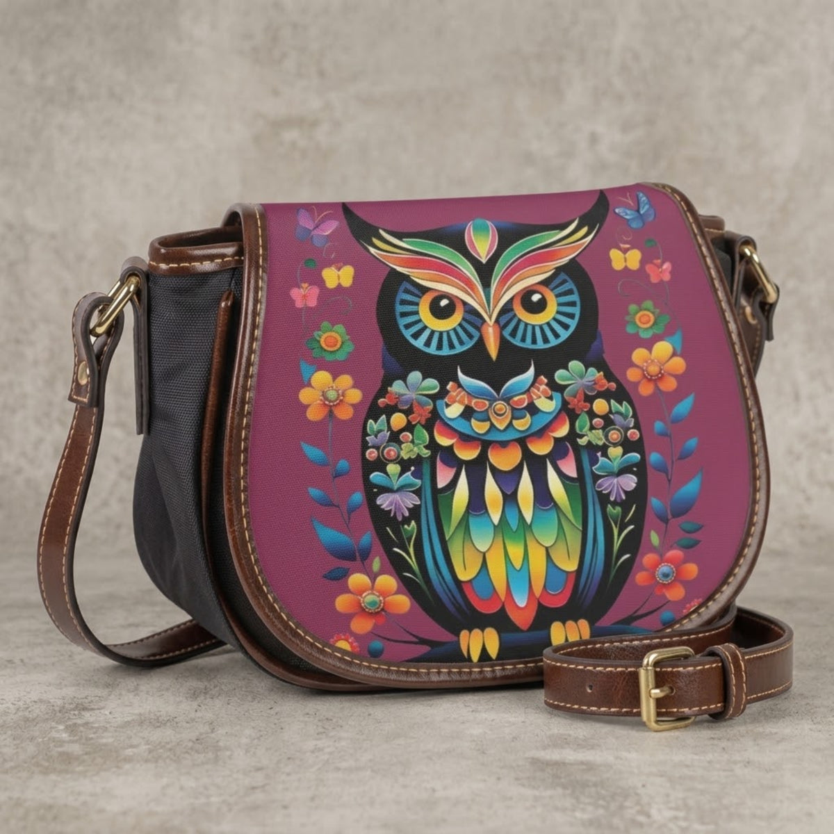 Colorful Owl Floral PU Leather & Canvas Saddle Crossbody Bag