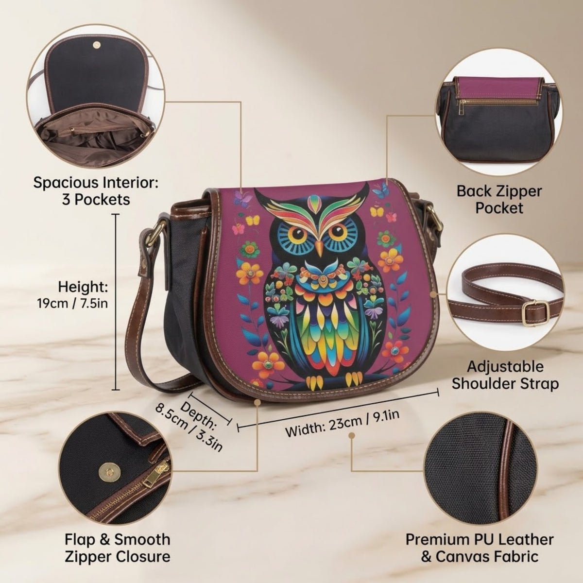 Colorful Owl Floral PU Leather & Canvas Saddle Crossbody Bag