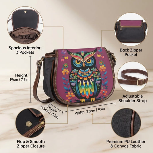 Colorful Owl Floral PU Leather & Canvas Saddle Crossbody Bag
