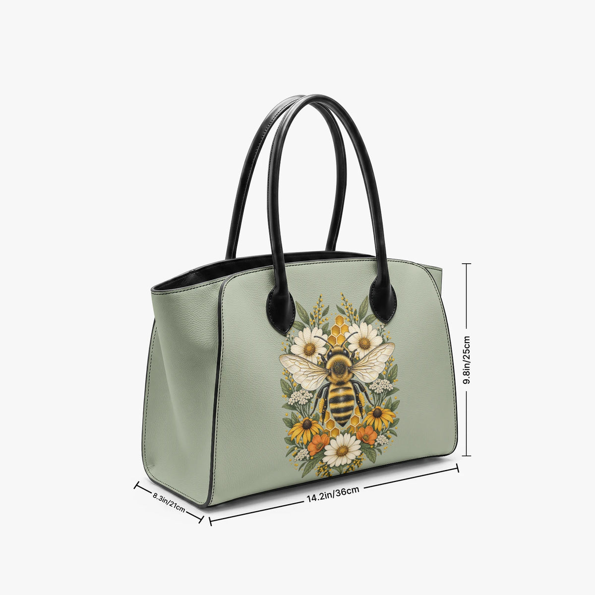 Vista laterale di una borsa tote bee con guida alle dimensioni che indica 36 cm di lunghezza e 25 cm di altezza