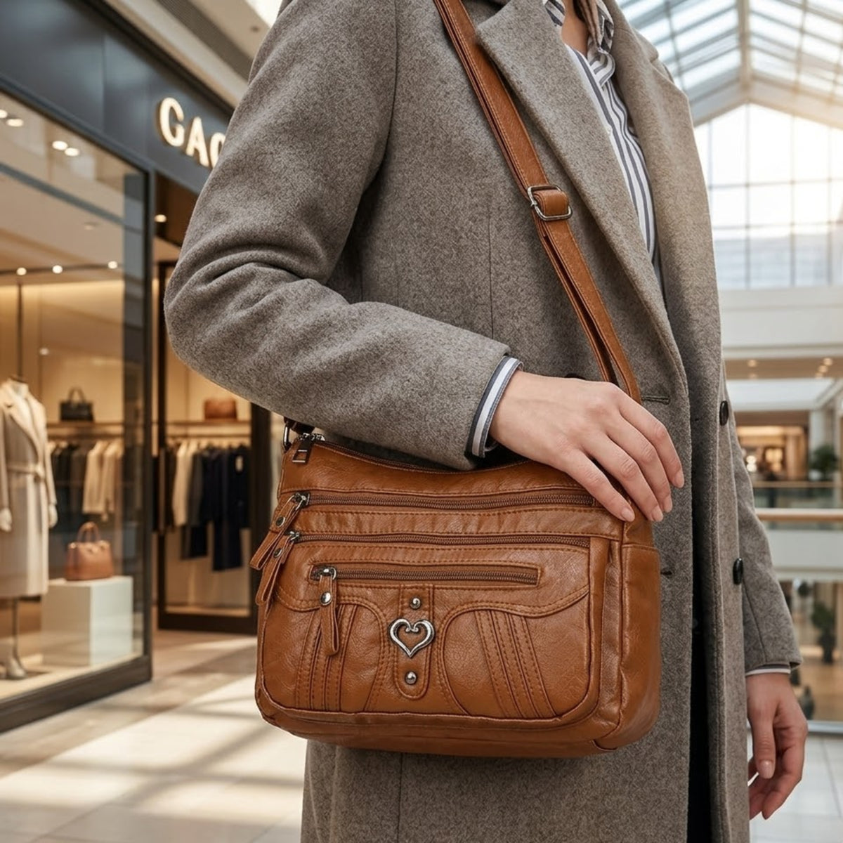 Multi-Pocket-Umhängetasche für Damen, weiches PU-Kunstleder Crossbody