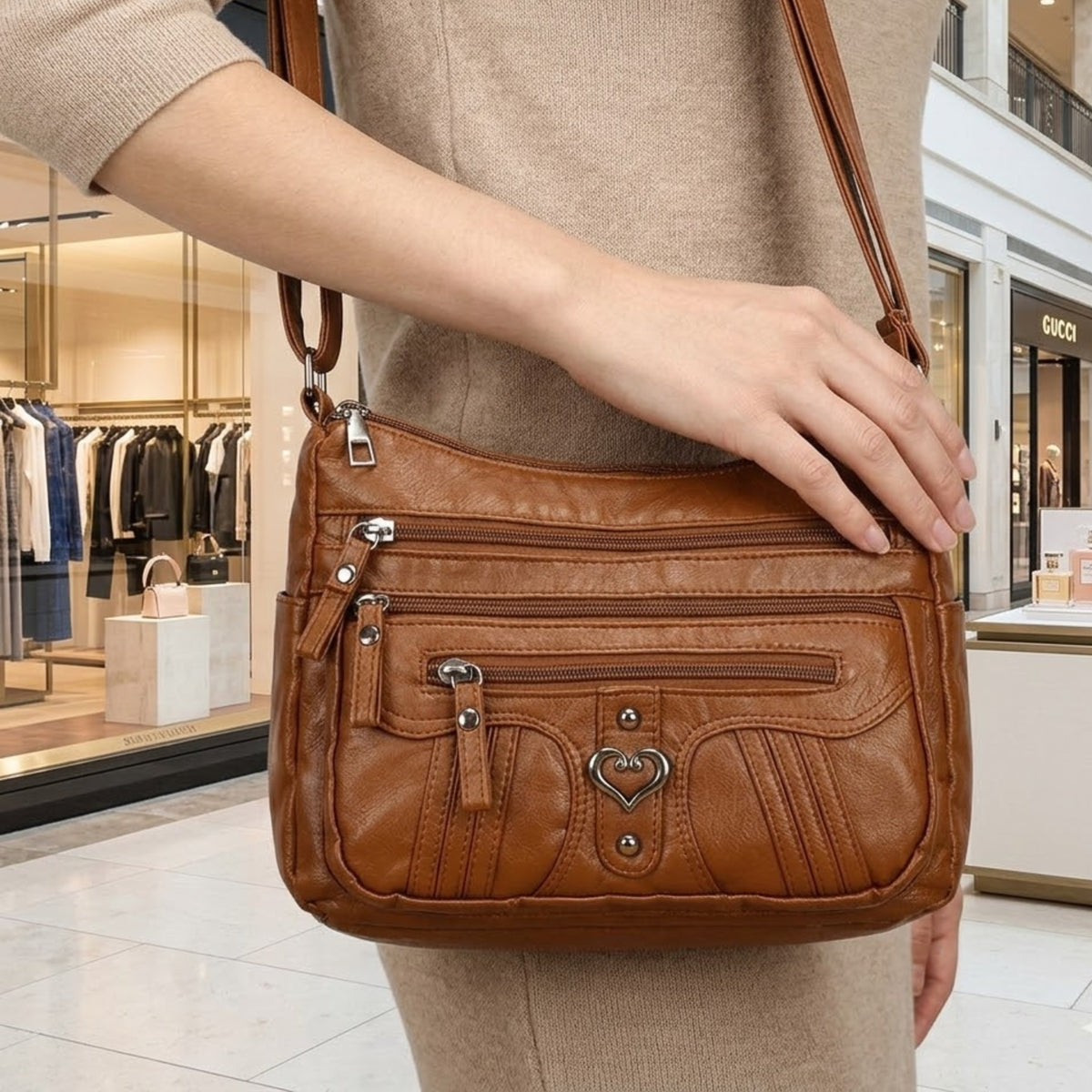 Multi-Pocket-Umhängetasche für Damen, weiches PU-Kunstleder Crossbody