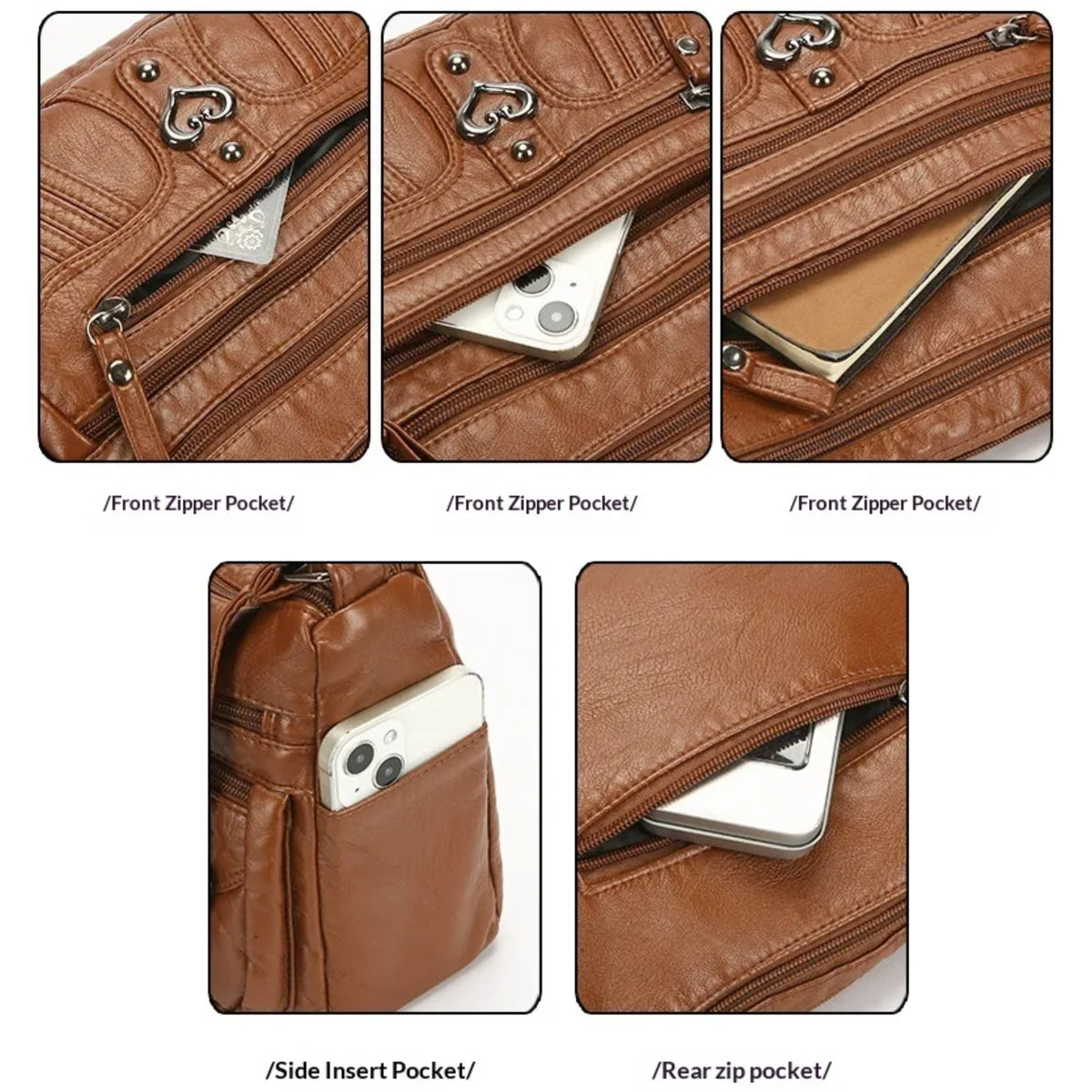 Multi-Pocket-Umhängetasche für Damen, weiches PU-Kunstleder Crossbody