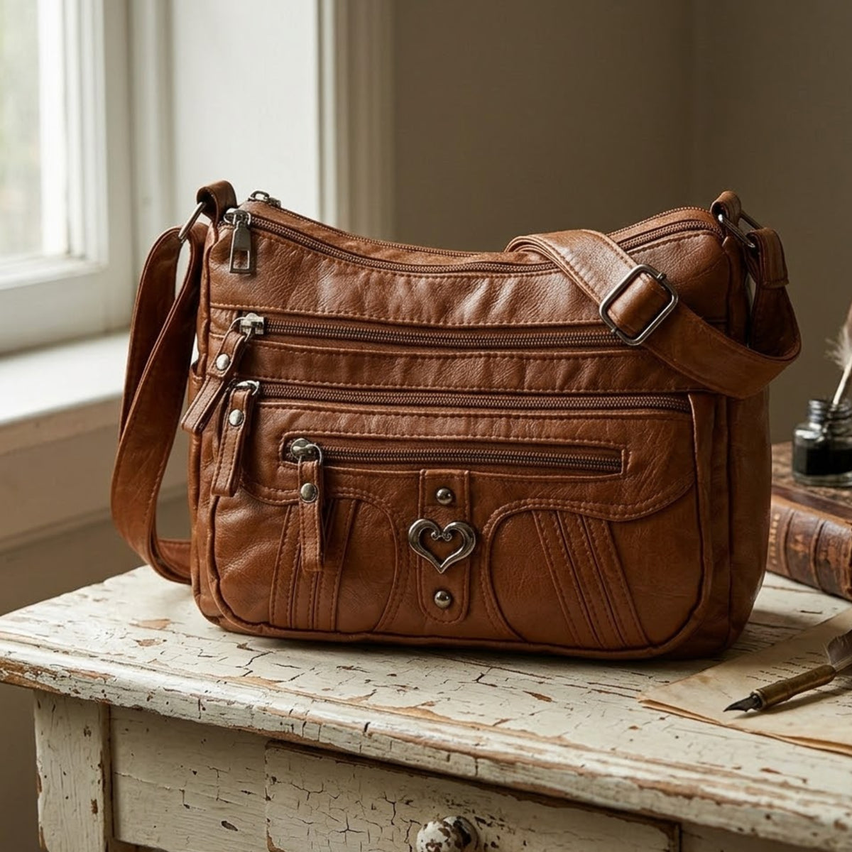 Multi-Pocket-Umhängetasche für Damen, weiches PU-Kunstleder Crossbody
