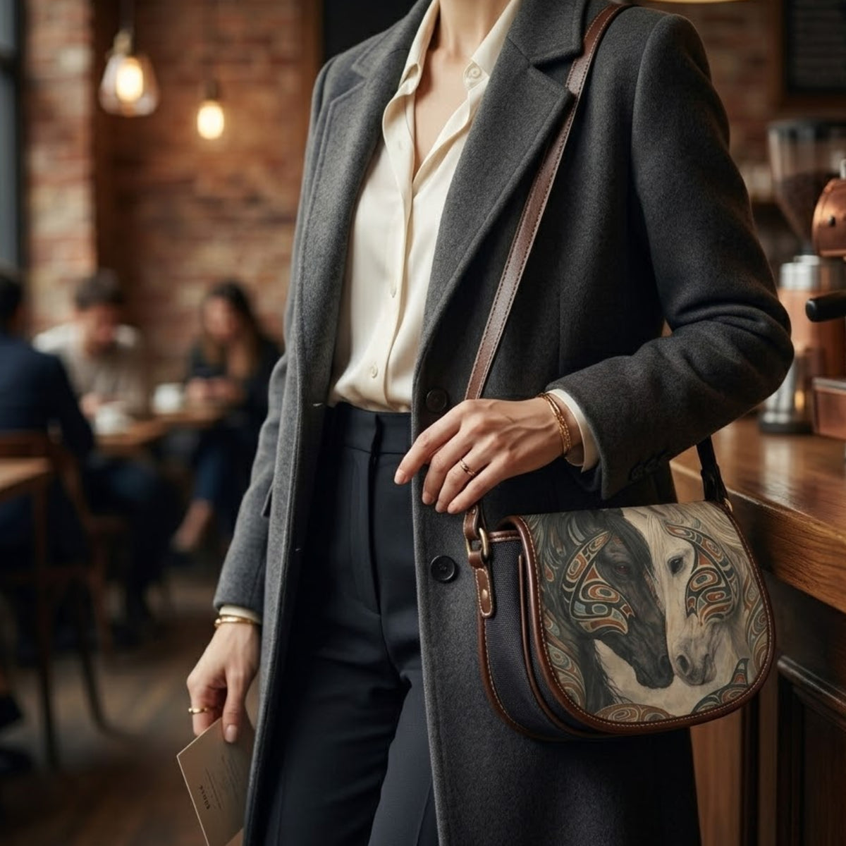 Model trägt die Pferd Umhängetasche quer über dem Körper in einem Café