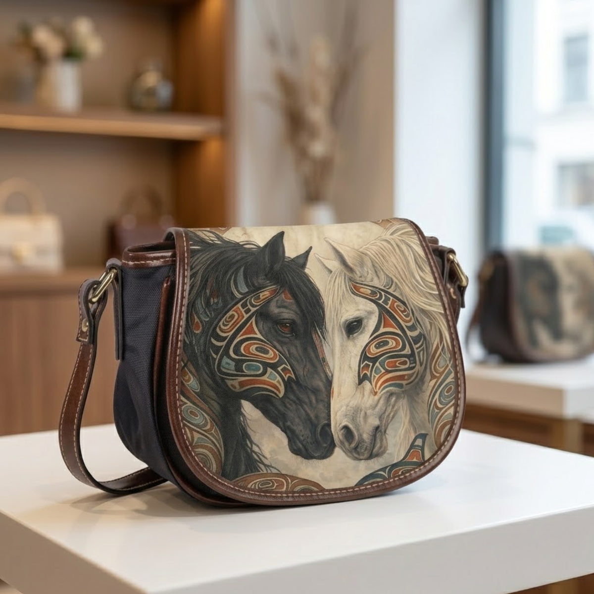 Model hält die Pferd Umhängetasche vor einem Boutiquefenster auf einer Stadtstraße