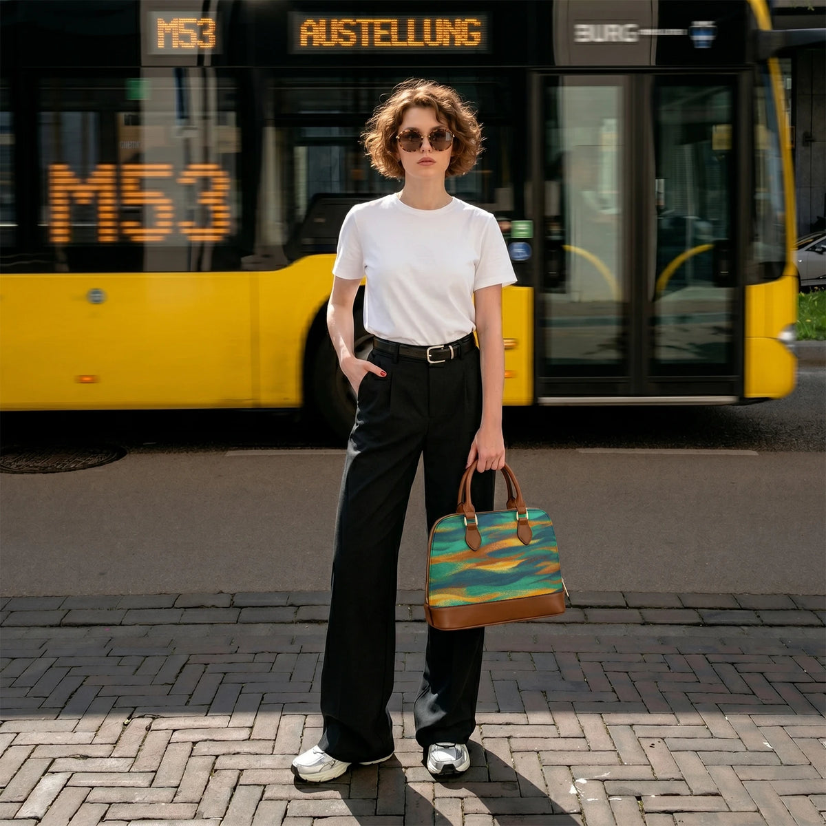 Donna con t-shirt bianca e pantaloni neri in piedi con la borsa a sacca su una strada cittadina vicino a un autobus