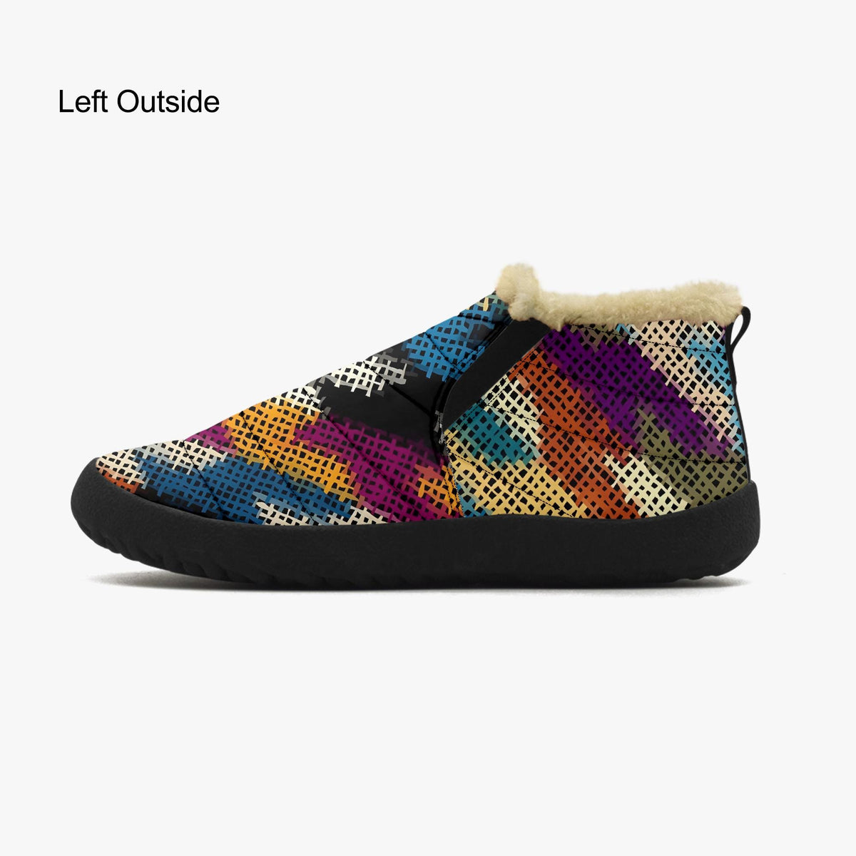 A colorful, patterned shoe with a fur trim, featuring a vibrant design of various colors and shapes.