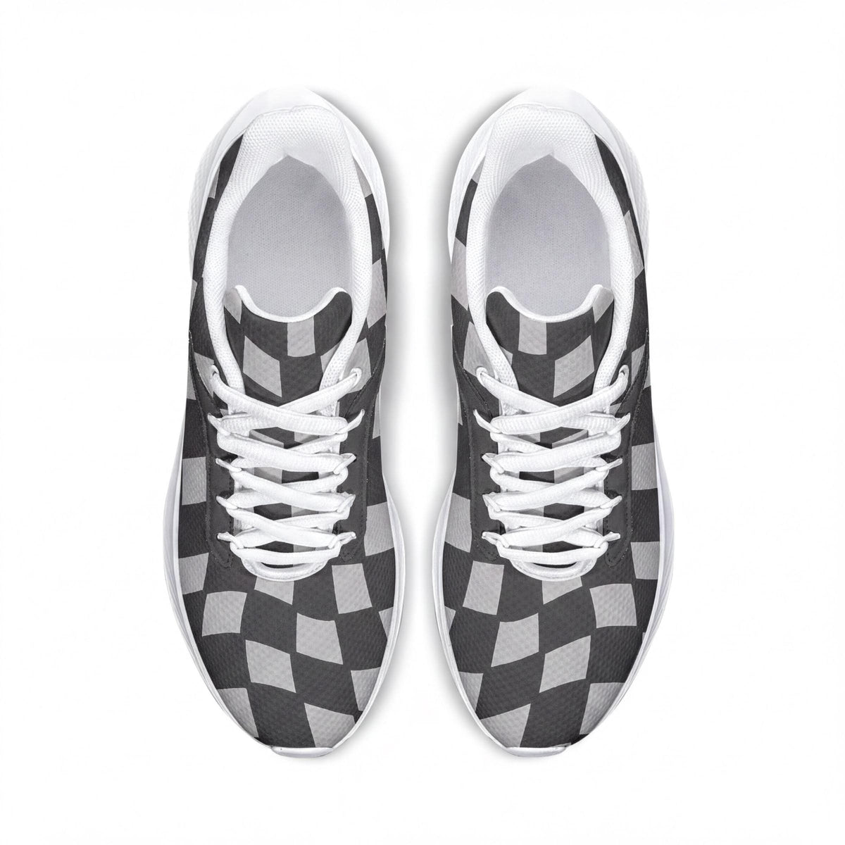 A pair of black and white checkered sneakers with white laces.