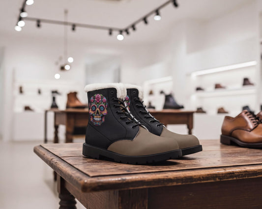 A pair of black boots with a skull design on the side, displayed on a wooden table in a store.