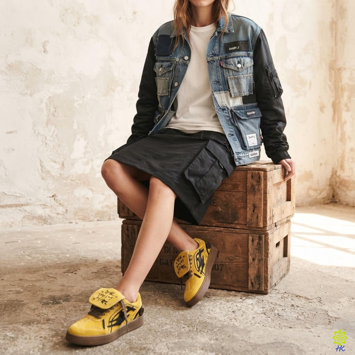 A person wearing a denim jacket, black skirt, and yellow sneakers is sitting on a wooden crate in an indoor setting.