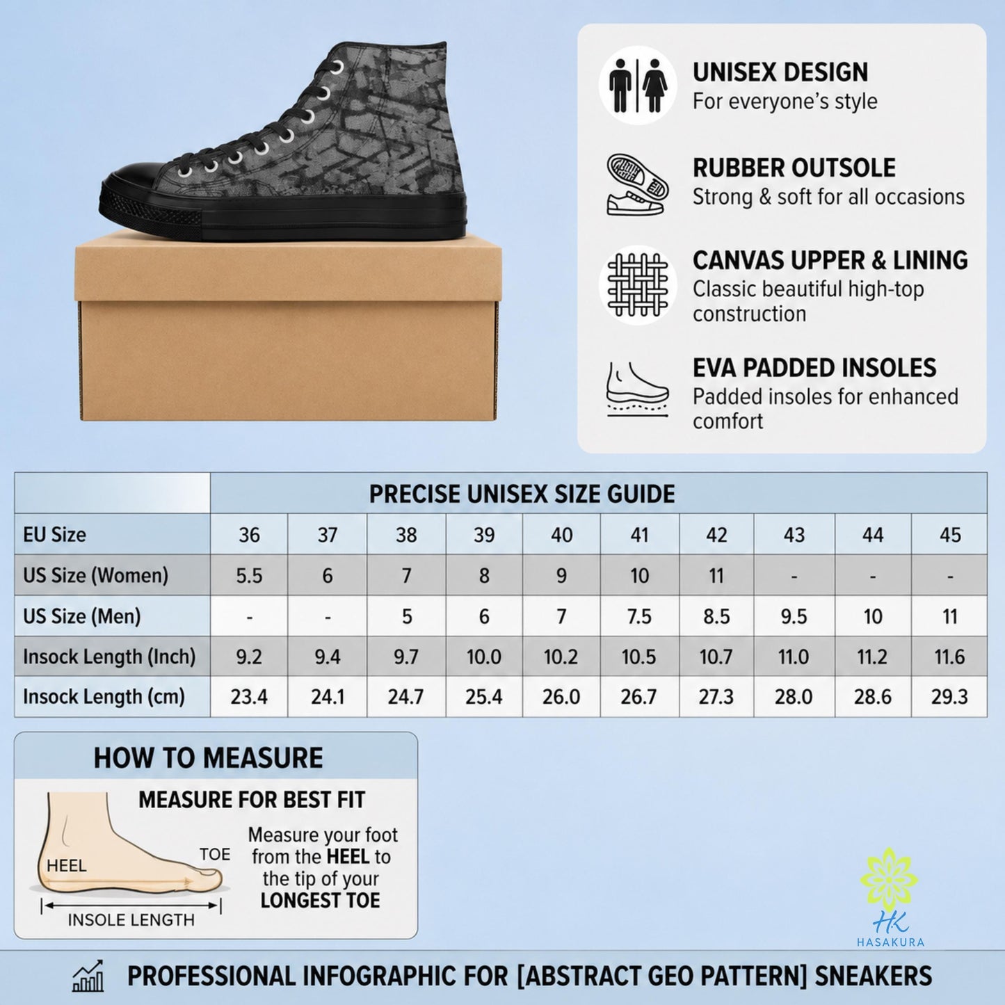 The image is a professional infographic for abstract geometrical patterns of sneakers, providing precise size guidelines for different shoe styles and a measurement chart for determining the best fit.