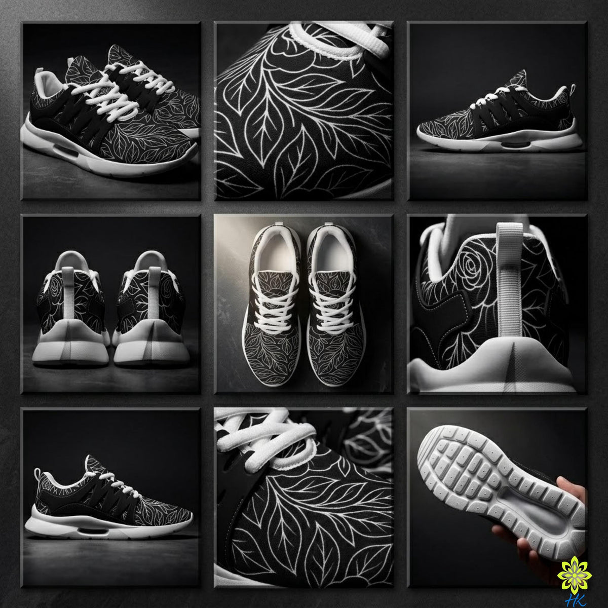 A collage of nine black and white photographs featuring sneakers with leaf patterns, showcasing different angles and close-ups of the footwear.