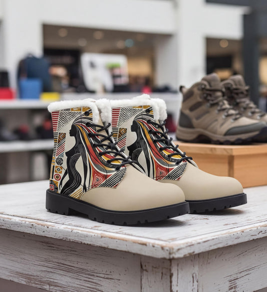 A pair of colorful, patterned boots with fur lining, displayed on a white wooden surface.