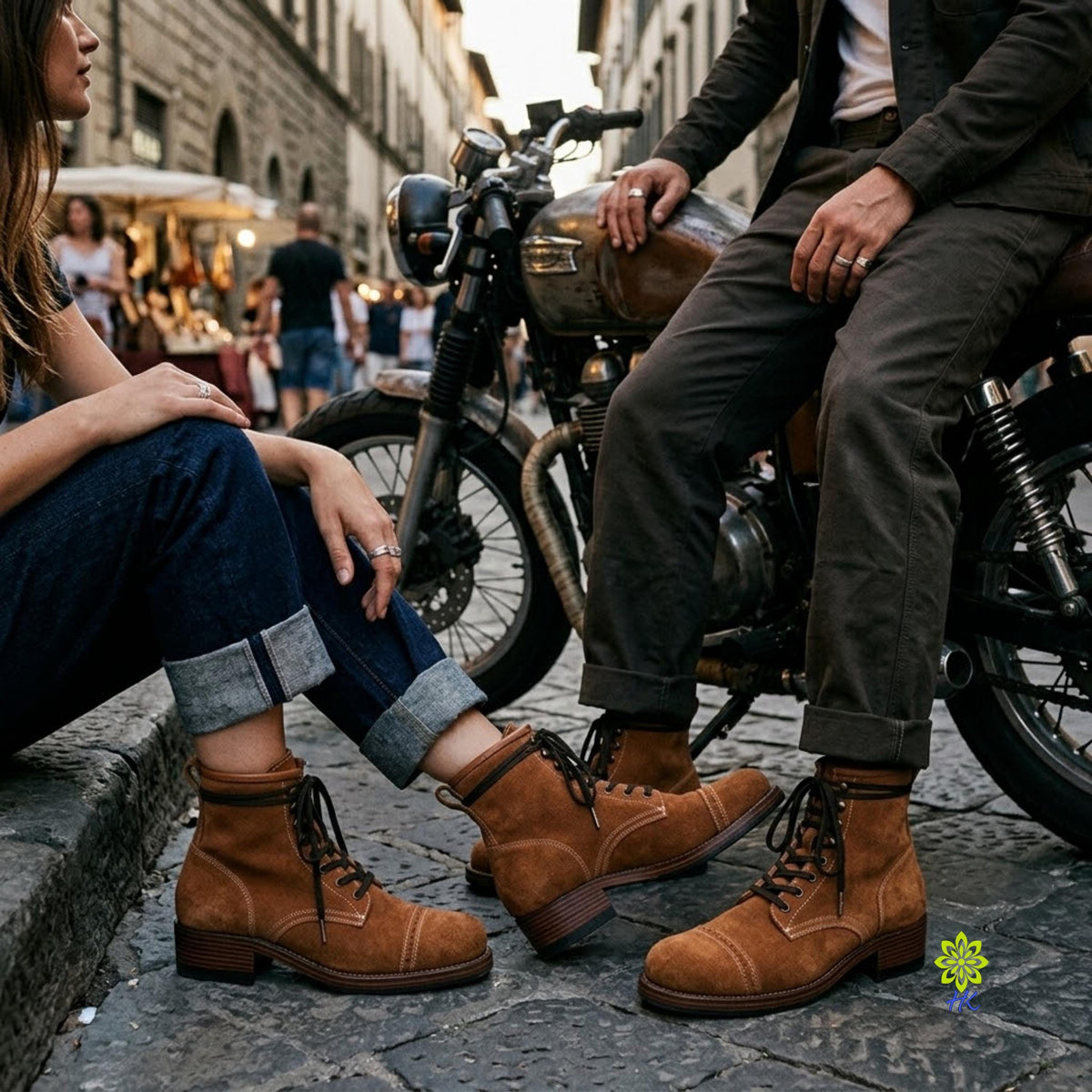 A lifestyle shot of a person wearing brown suede lace-up ankle boots, sitting next to a vintage motorcycle on a cobblestone street.