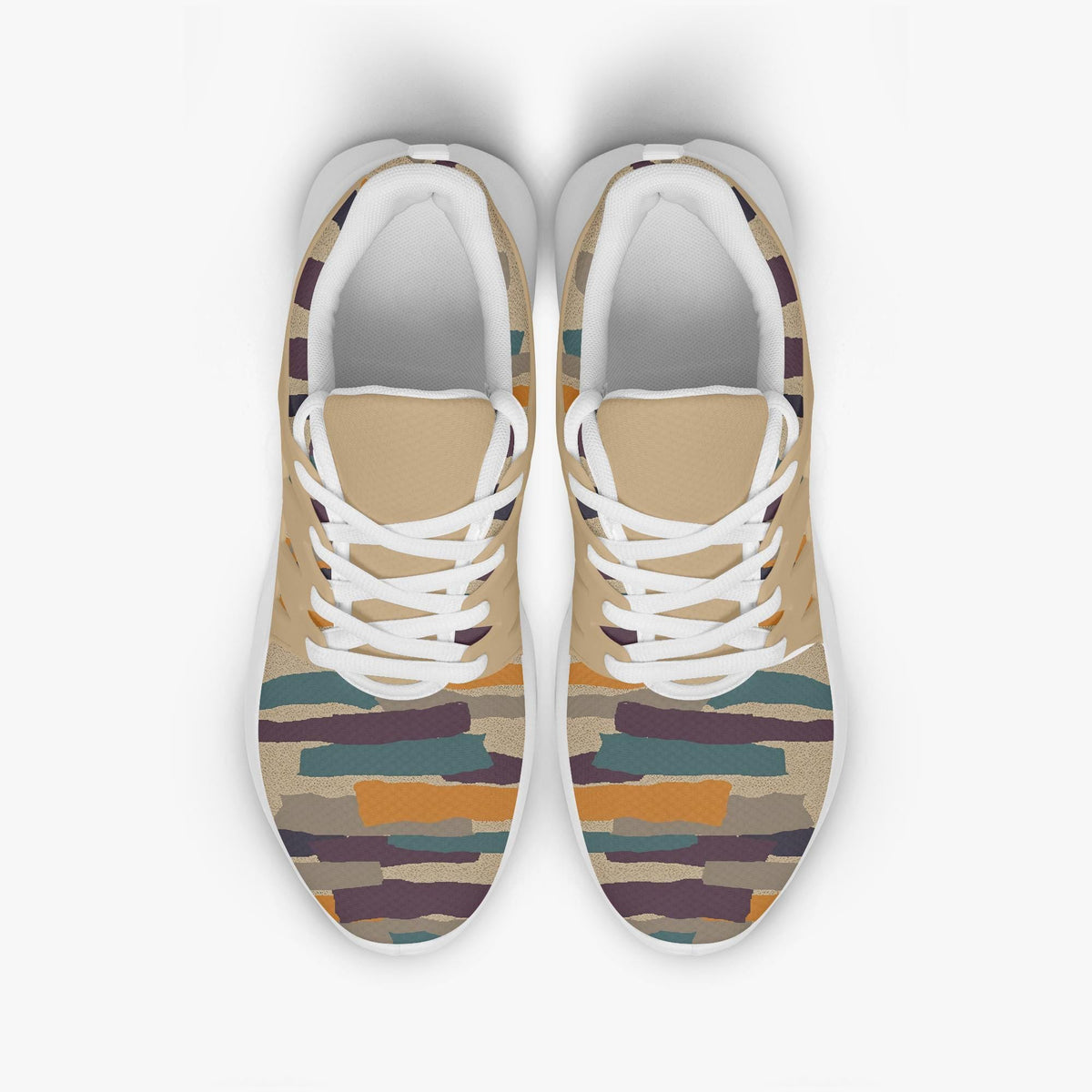 A pair of colorful sneakers with a striped pattern on the upper part.