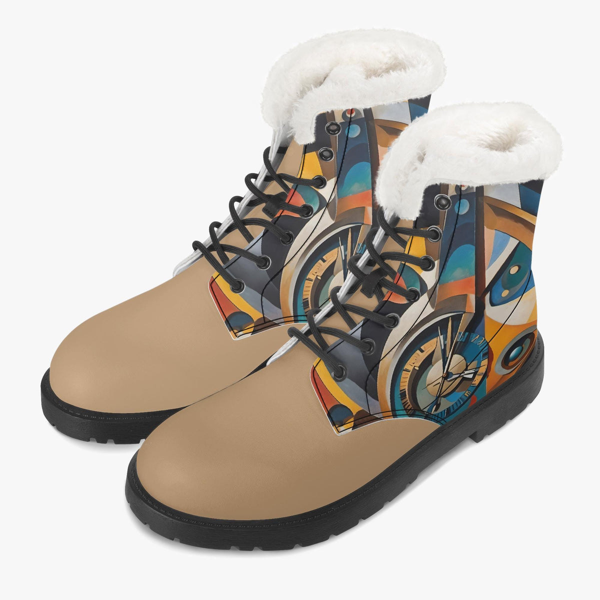 A pair of tan boots with a colorful abstract design on the side.