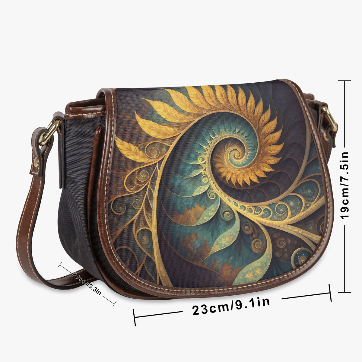 Model draagt saddle bag schoudertas met beige trui en broek