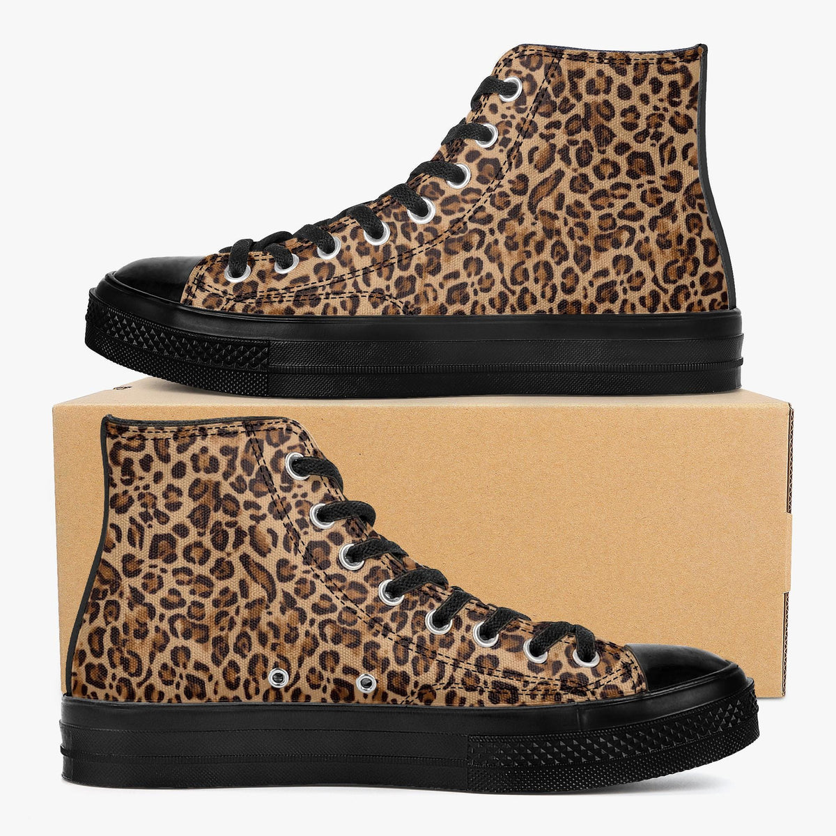 Leopard Print High Top Canvas Sneakers with Black Rubber Sole