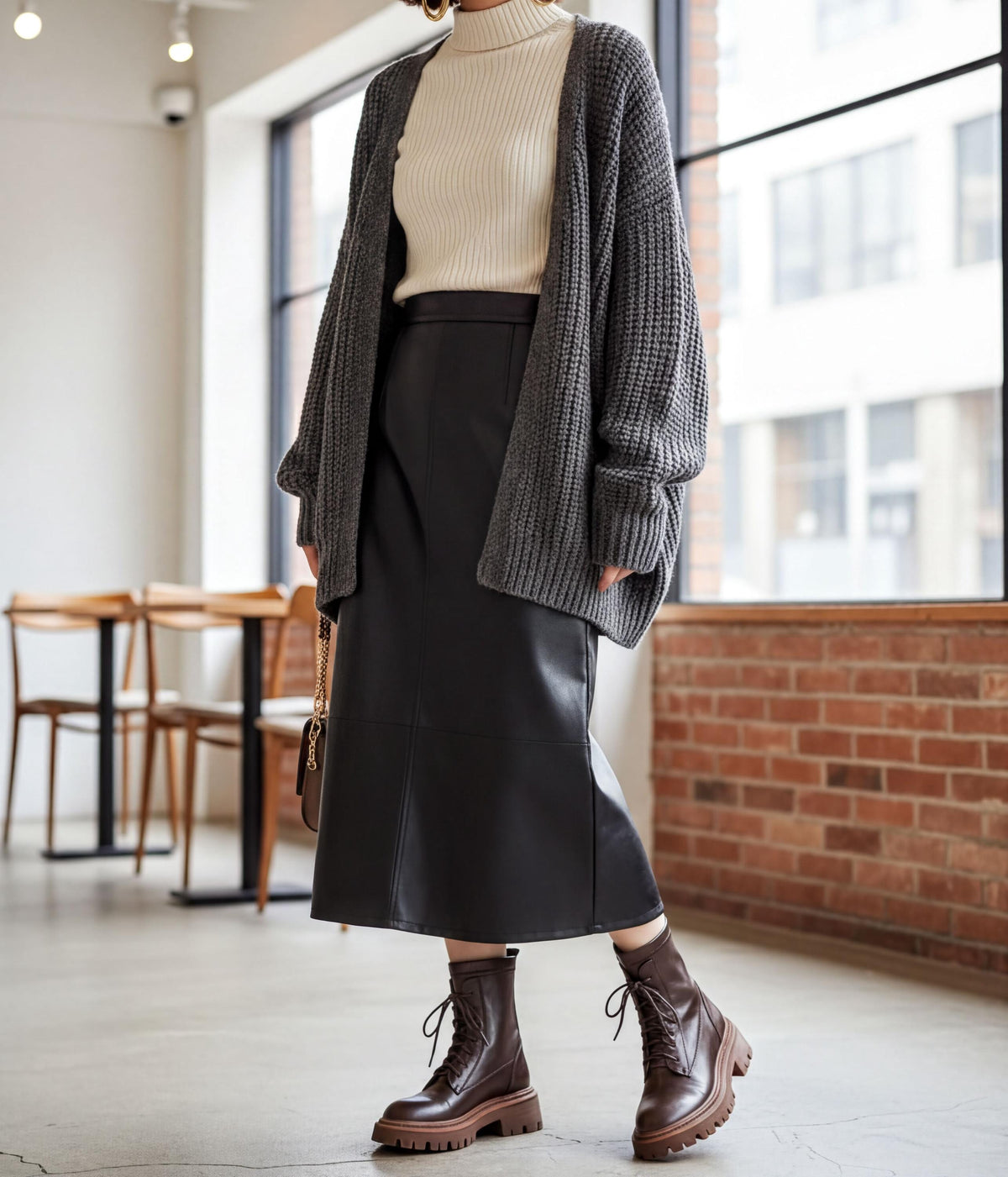 A person wearing a gray cardigan, black skirt, and brown boots stands in a room with brick walls and wooden chairs.
