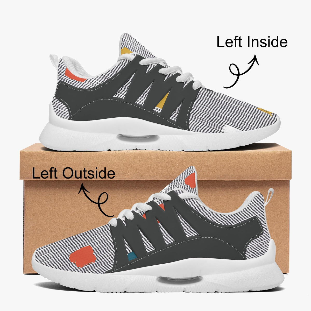 Vista posteriore delle sneakers unisex grigie a righe gessate con linguette del tallone e suola bianca