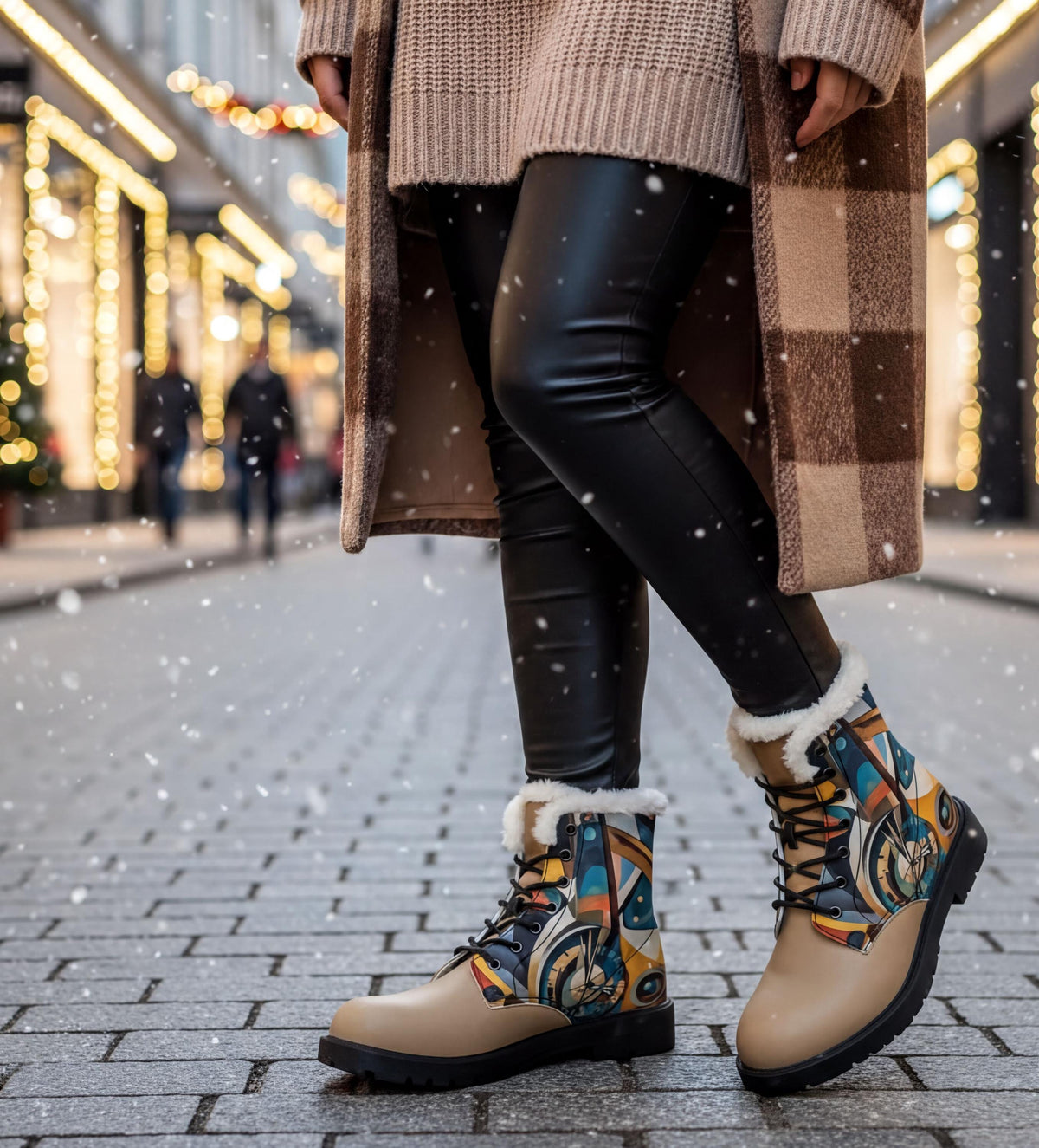 A person wearing a brown coat and black leggings, with colorful patterned boots, stands on a snowy street with a blurred background of lights.