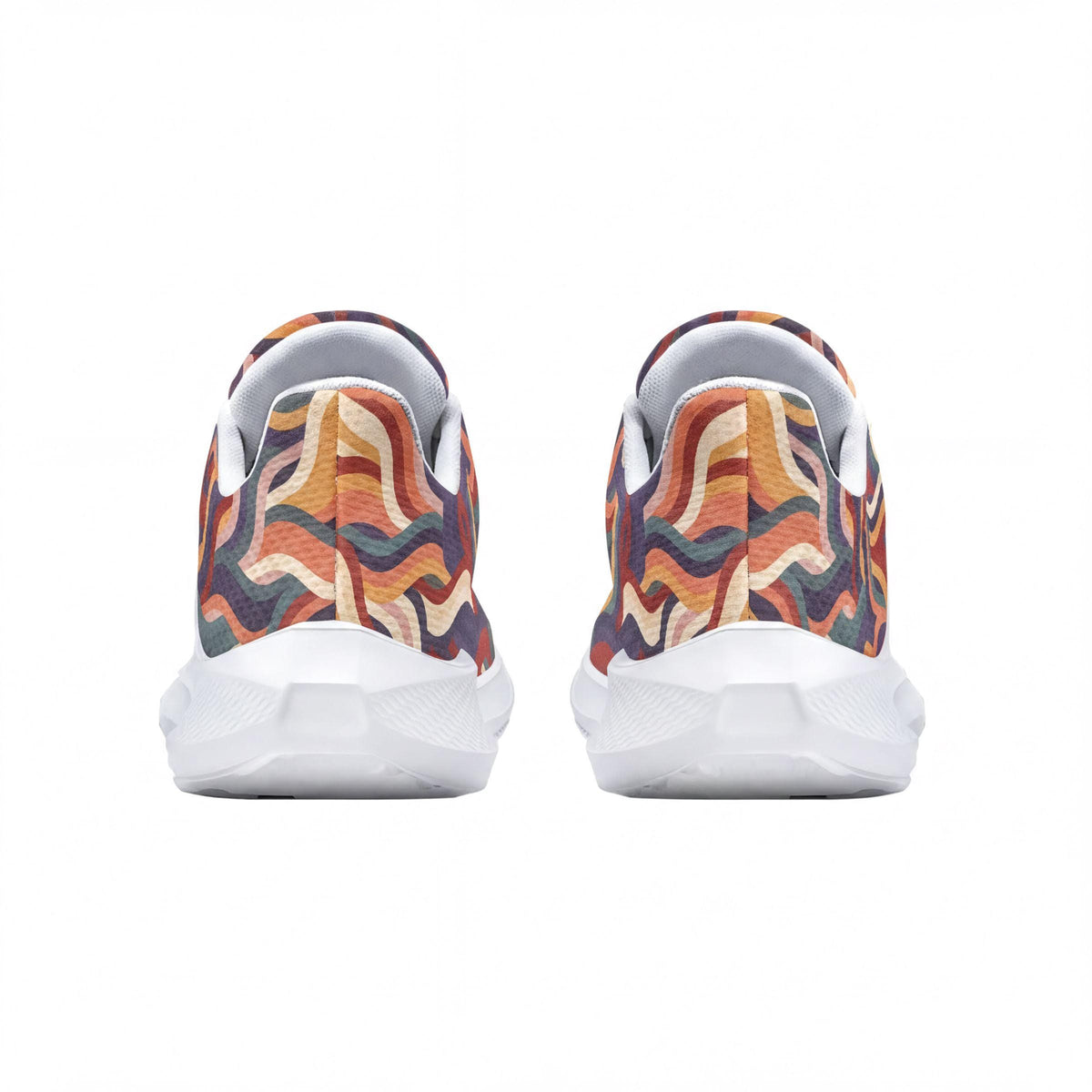 the back view of colorful patterned sneakers against a white background.