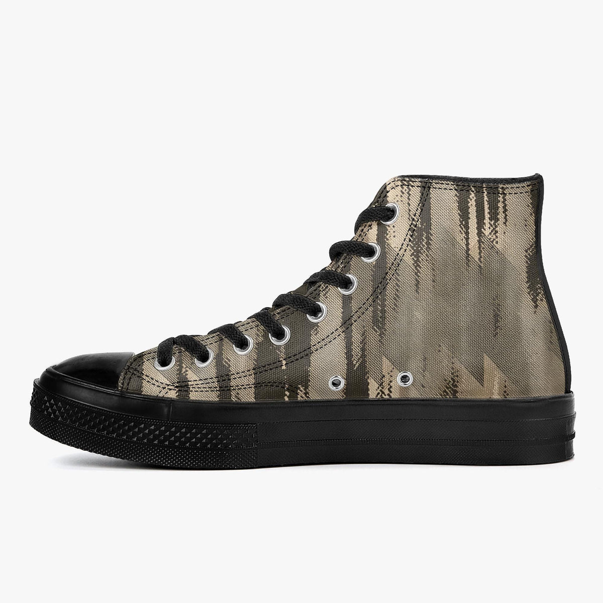 A black and tan high-top sneaker with a camouflage pattern on the side and a black sole.