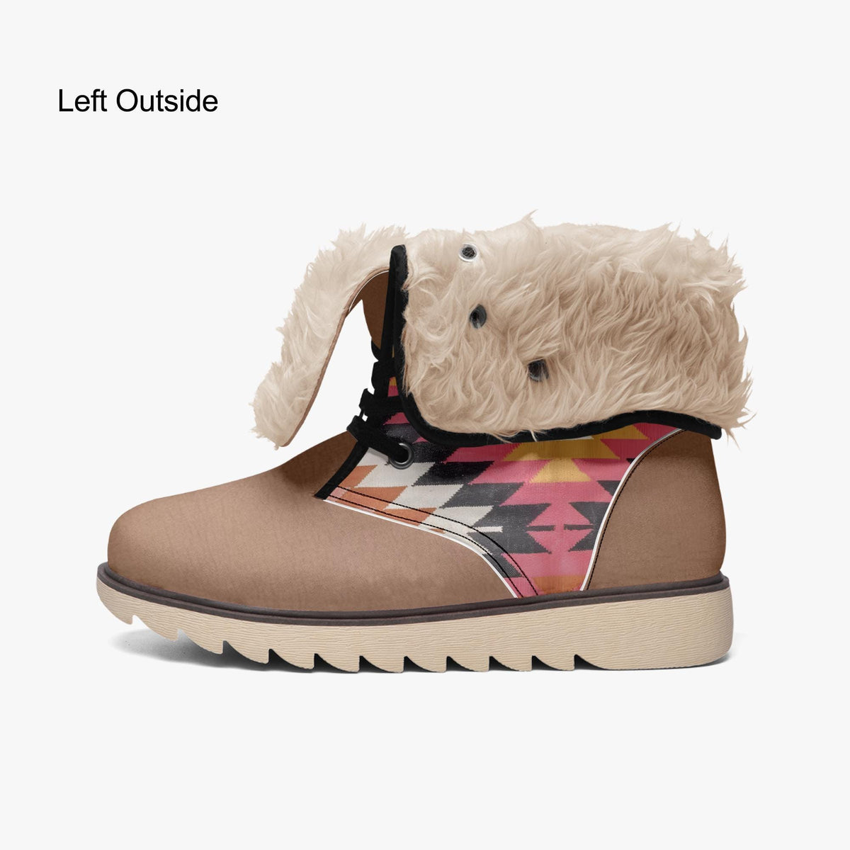 A pair of brown boots with a fur lining and a colorful geometric pattern on the side.