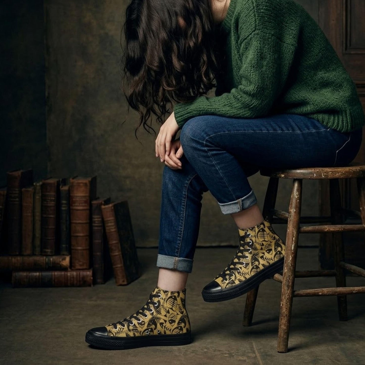 A person sitting on a wooden stool, wearing a green sweater and patterned sneakers, with their head resting on their hands.