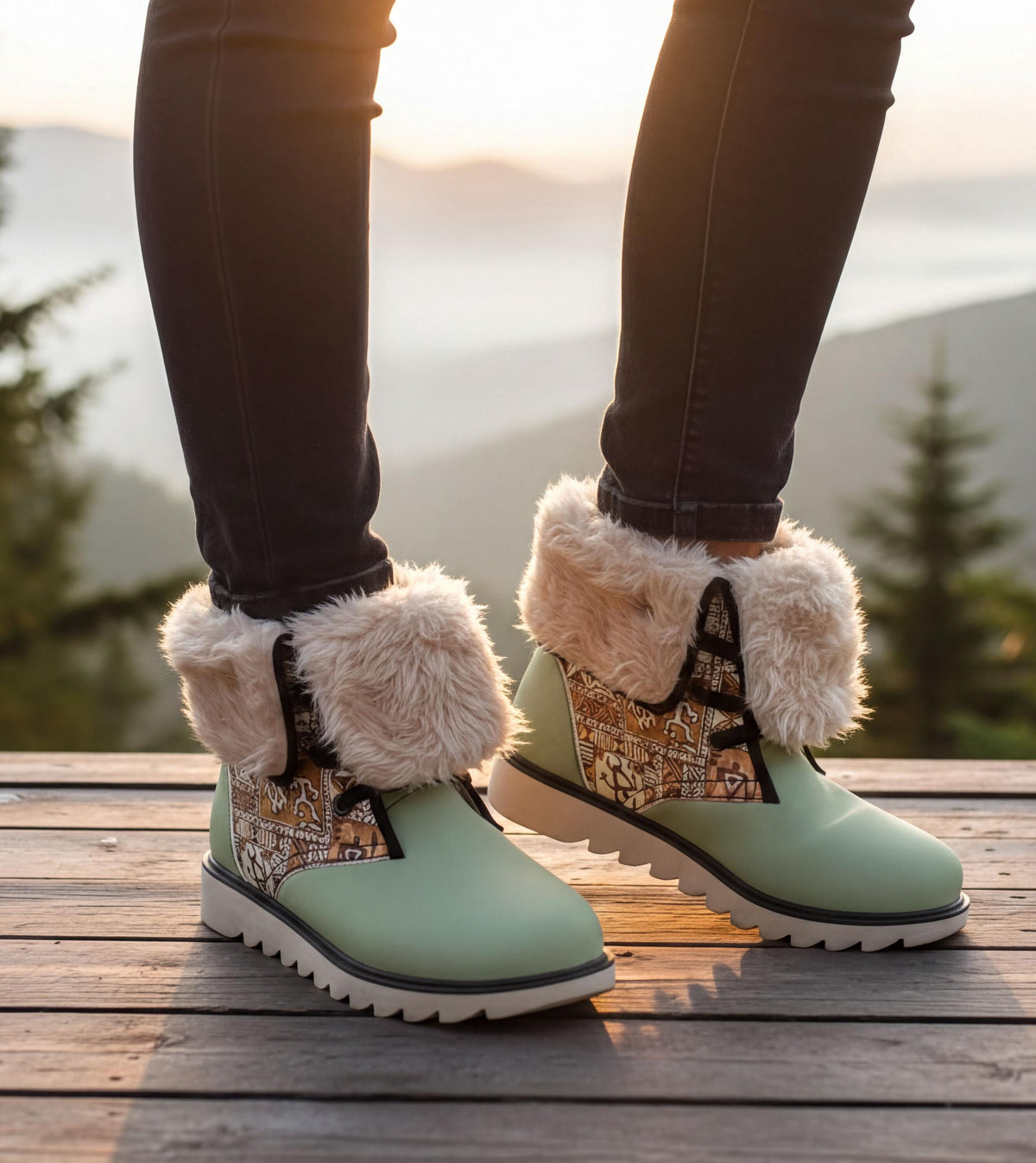 A person wearing green boots with fur trim is standing on a wooden platform, with a scenic mountain landscape in the background.