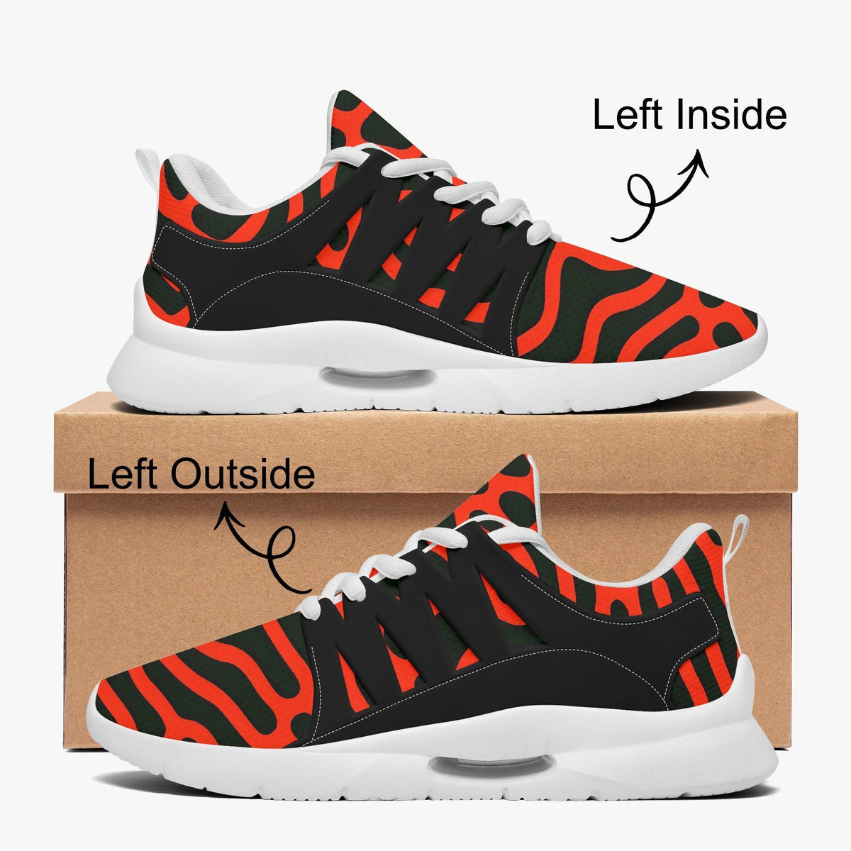 a pair of sneakers with a striking black and orange pattern. The sneakers are placed on top of a cardboard box, and there are annotations indicating the left side and the right side of the sneakers.