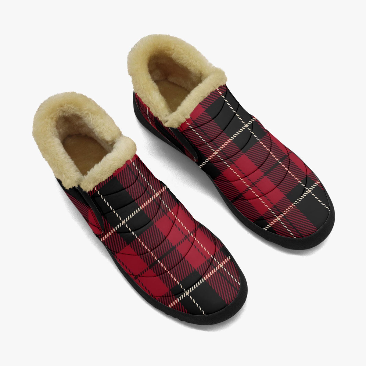 A pair of red and black plaid winter boots with fur lining.