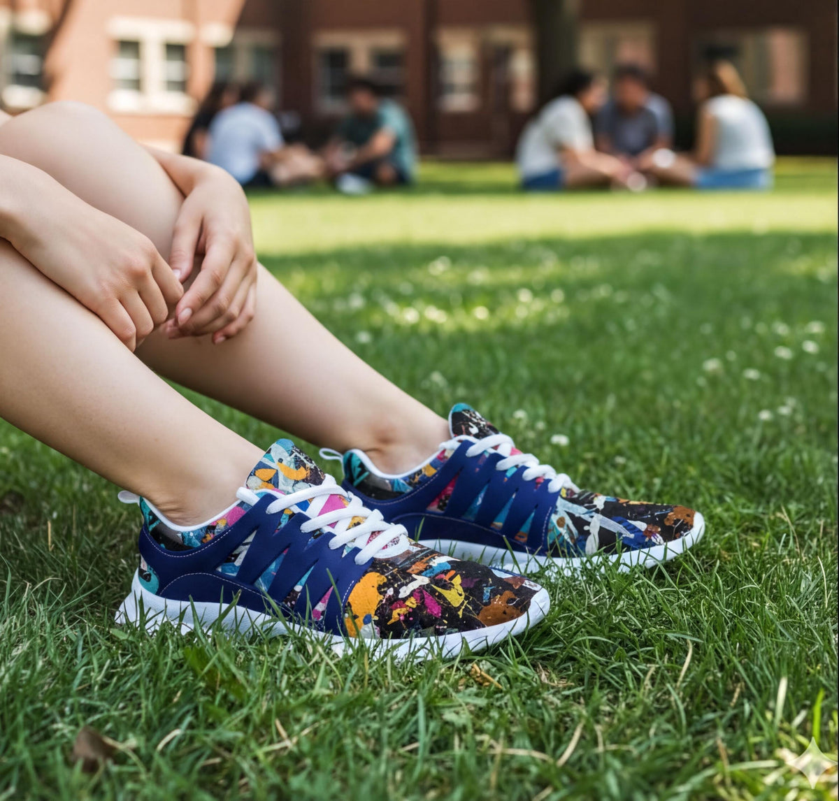 A person's legs and feet wearing colorful sneakers are resting on a grassy area, with other people visible in the background.